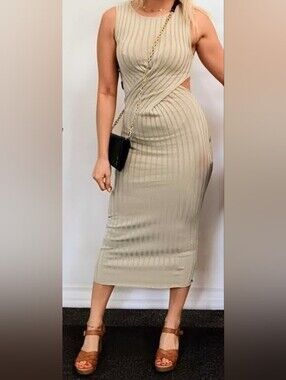 Miss Lola Cream Ribbed Twist Pencil Skirt